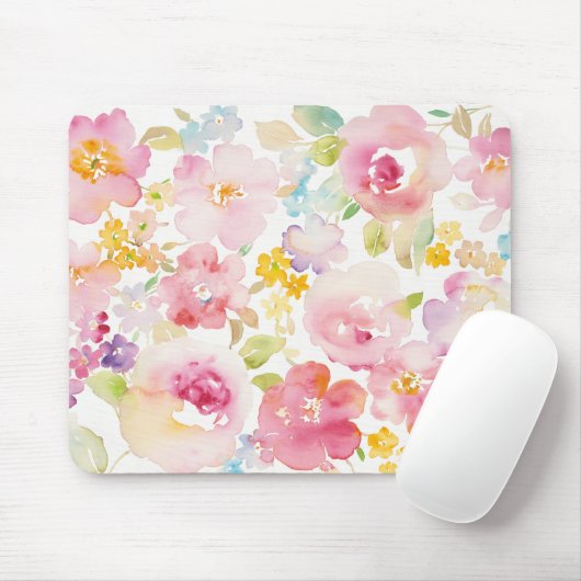 真夏|の水彩画のピンクの花柄 マウスパッド (マウス)