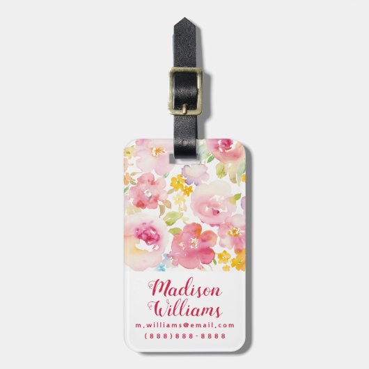 真夏|の水彩画のピンクの花柄 ラゲッジタグ (正面縦)