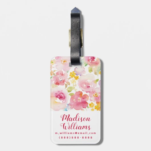 真夏|の水彩画のピンクの花柄 ラゲッジタグ (裏面縦)