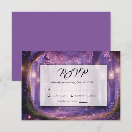 真夜中のすみれ色の魔法の森の結婚式 出欠カード (正面/裏面)