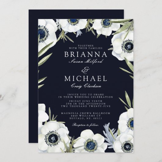 真夜中のアネモネの花の結婚式 招待状 (正面/裏面)
