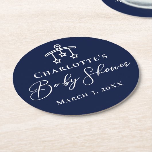 真夜中のエレガント青い赤ちゃんシャワーパーソナライズされた ラウンドペーパーコースター (アングル)