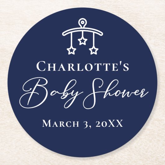 真夜中のエレガント青い赤ちゃんシャワーパーソナライズされた ラウンドペーパーコースター (正面)