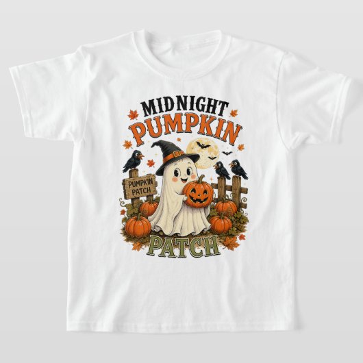 真夜中のカボチャ畑の幽霊 ハロウィン Tシャツ (レイダウン)