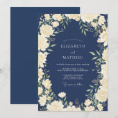 真夜中のクリーム色のアイボリーの花弁の結婚式 招待状 (正面/裏面)