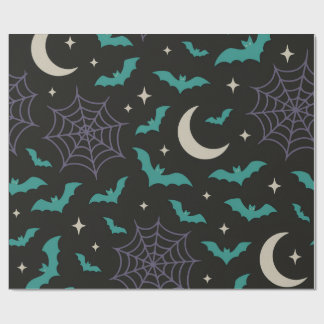 真夜中のコウモリとクモの巣 - スプーキー・ハロウィン ラッピングペーパー