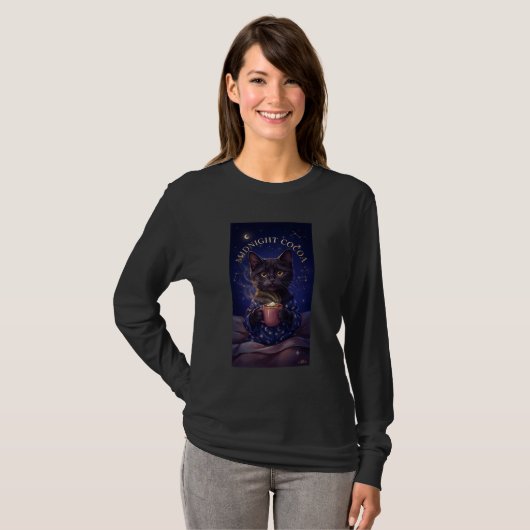 真夜中のココア 黒猫 長袖Tシャツ Tシャツ (正面フル)