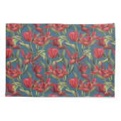 真夜中のティール(緑がかった色)の背景(赤いチューリップ) 枕カバー (裏面)