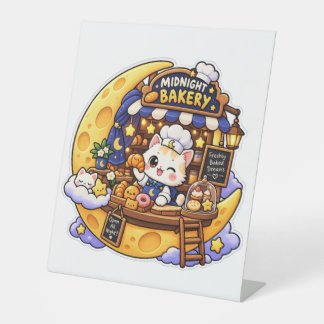 真夜中のパン屋 かわいい猫のパン屋 夜のイラスト 台座サイン
