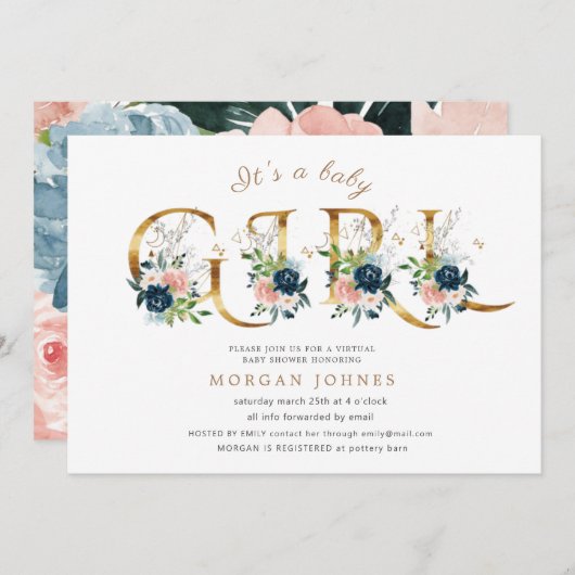 真夜中のフローラ金ゴールドスクリプト赤ちゃんシャワー招待 (正面/裏面)