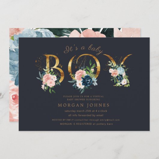 真夜中のフローラ金ゴールドスクリプト赤ちゃんシャワー招待 (正面/裏面)