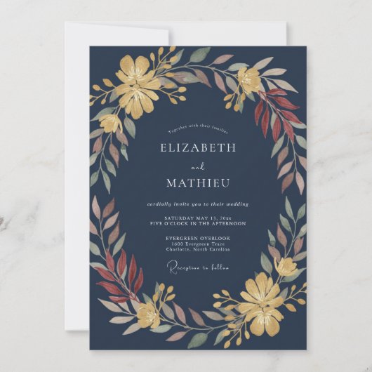 真夜中のマスタードの葉とグレイ・ユーカリの結婚式 招待状 (正面)