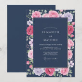 真夜中のマゼンタの芍薬の結婚式 招待状 (正面/裏面)