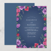 真夜中のマゼンタの野の花の結婚式 招待状 (正面/裏面)