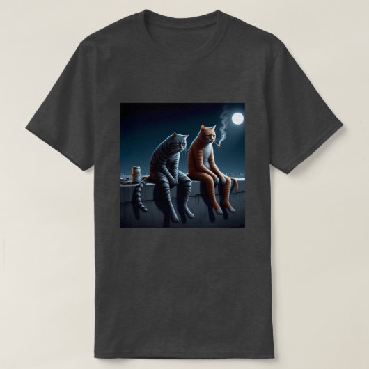 真夜中の喫煙猫ミームアート 楽しいムード Tシャツ (デザイン正面)