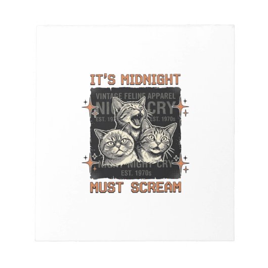 真夜中の大声の猫のビンテージTシャツデザイン ノートパッド (正面)