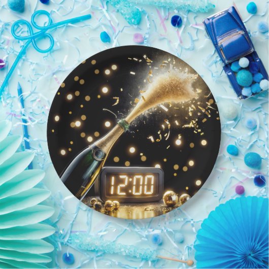 真夜中の時計と新年のシャンパン ペーパープレート (パーティー)