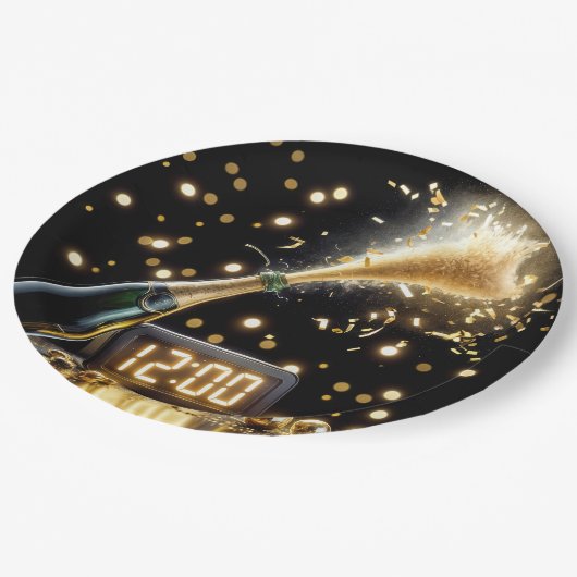 真夜中の時計と新年のシャンパン ペーパープレート (アングル)