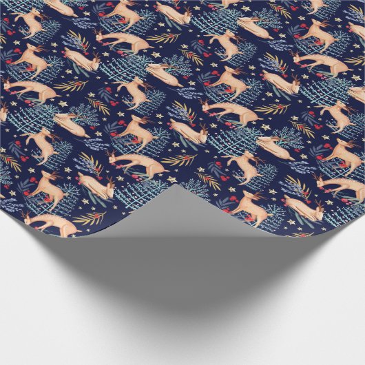 真夜中の森林森林トナカイ及びクリスマスツリー ラッピングペーパー (角)