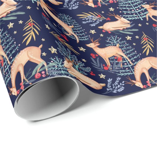 真夜中の森林森林トナカイ及びクリスマスツリー ラッピングペーパー (ロールコーナー)