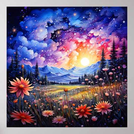 真夜中の牧草地の風景イラスト ポスター (正面)