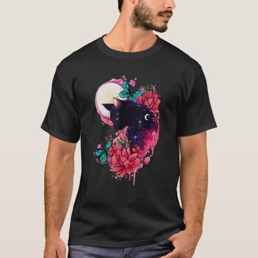 真夜中の猫の花の蝶の月 Tシャツ (正面)