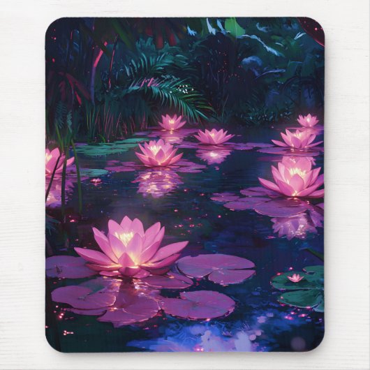 真夜中の禅の自然 ピンクの蓮の池 マウスパッド (正面)