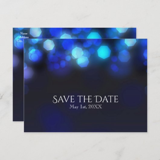 真夜中の空の青いライトウェディング日付を保存 案内ポストカード (正面/裏面)