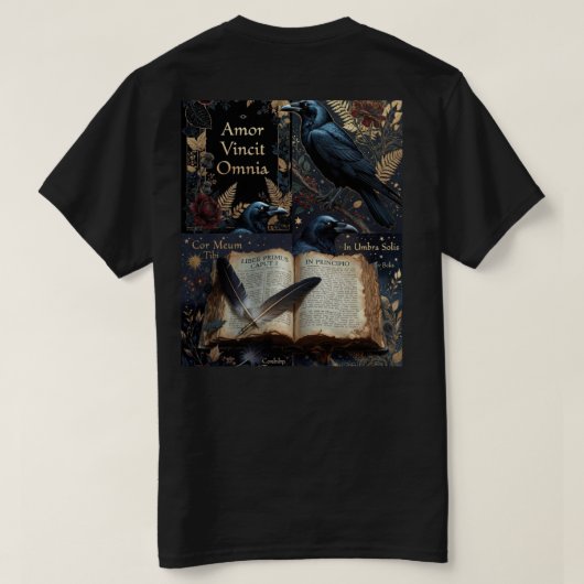 真夜中の紺色のデザインに止まるワタリガラス Tシャツ (デザイン裏面)