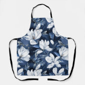 真夜中の背景に白いマグノリア模様 エプロン (正面)