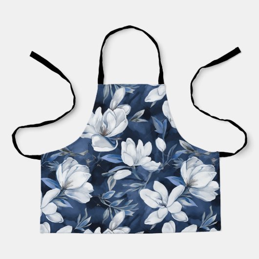真夜中の背景に白いマグノリア模様 エプロン (正面)