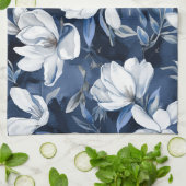 真夜中の背景に白いマグノリア模様 キッチンタオル (折り畳み)