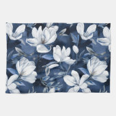 真夜中の背景に白いマグノリア模様 キッチンタオル (横)