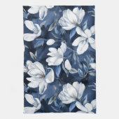 真夜中の背景に白いマグノリア模様 キッチンタオル (縦)