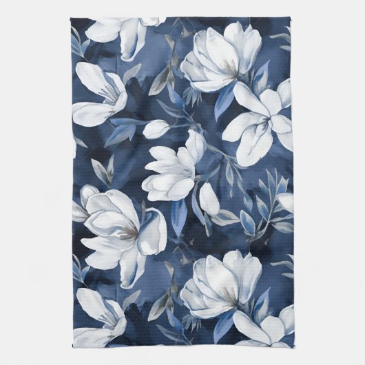真夜中の背景に白いマグノリア模様 キッチンタオル (縦)