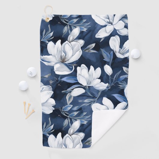 真夜中の背景に白いマグノリア模様 ゴルフタオル (インサイチュ)
