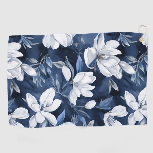 真夜中の背景に白いマグノリア模様 ゴルフタオル (横)