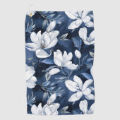 真夜中の背景に白いマグノリア模様 ゴルフタオル (正面)