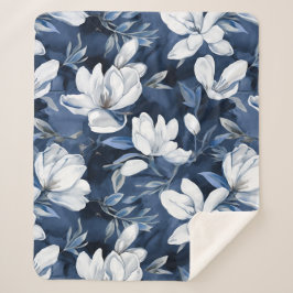 真夜中の背景に白いマグノリア模様 シェルパブランケット