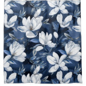 真夜中の背景に白いマグノリア模様 シャワーカーテン (正面)