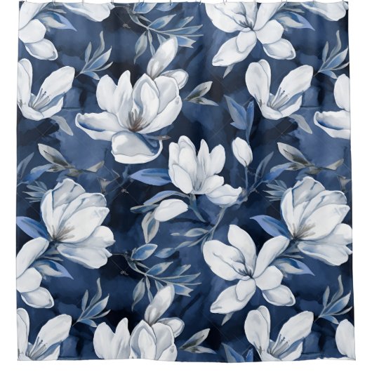 真夜中の背景に白いマグノリア模様 シャワーカーテン (正面)