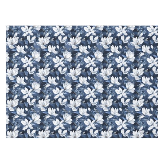 真夜中の背景に白いマグノリア模様 テーブルクロス (正面(横))