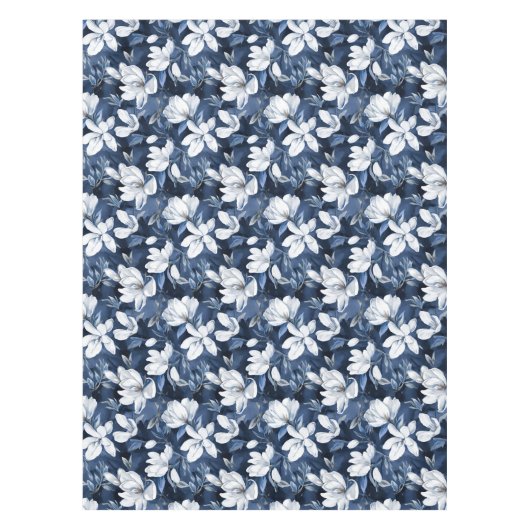 真夜中の背景に白いマグノリア模様 テーブルクロス (正面)