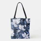 真夜中の背景に白いマグノリア模様 トートバッグ (裏面)