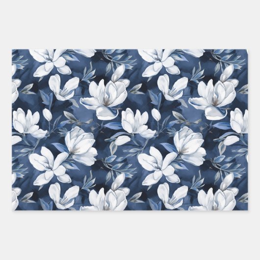 真夜中の背景に白いマグノリア模様 ラッピングペーパーシート (正面)