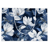 真夜中の背景に白いマグノリア模様 ラージペーパーバッグ (裏面)