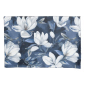 真夜中の背景に白いマグノリア模様 枕カバー (正面)