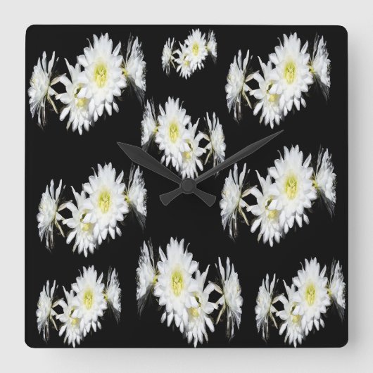 真夜中の花：白いサボテンの花（黒） スクエア壁時計 (正面)