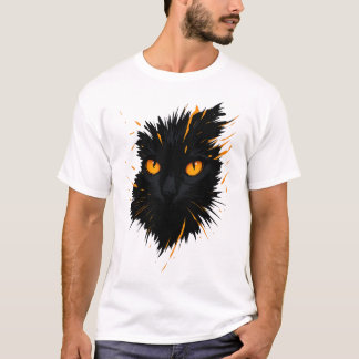 真夜中の視線 - 目が燃える黒猫アート Tシャツ