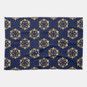 真夜中の金ゴールド: Luxe Geometric Pattern on深いBlue キッチンタオル (横)